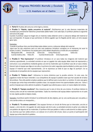 15
Parte II: Pruebas del concurso entre tigres y leones.
Prueba 1: “Rápido, rápido…encuentra el material”. Distribuimos por la sala diversos materiales de
escalada que previamente habremos presentado (debe haber 2 de cada tipo). El profesor plantea la siguiente
estructura de juego.
Cuando el profesor saque la imagen de un material, todos deberán correr a colocarse debajo del material al
que corresponde. El equipo al que pertenece el último jugador que ha llegado pierde 1pto y el otro equipo
gana 1pto.
Variantes:
-Cuando el profesor dice una letra/sílaba todos deben correr y colocarse debajo del material.
-Igual que los dos anteriores pero en este caso podemos introducir consignas en el momento de sacar la
tarjeta, es decir, “enseñamos una tarjeta pero antes debéis desplazaros a través de una espaldera”.
Mosquetón (M) Arneses (A) Ochos (O) Cintas Planas (C) Gatos (G)
Cuerda Estática (ES) Polea (P) Cuerda Dinámica (D) Cinta Exprés (EX)
Prueba 2: “Nos Expresamos”. El profesor introduce en un saco todas las imágenes del material que
estamos aprendiendo. La actividad consiste en que un jugador de cada equipo debe tratar de representar y
comunicar a sus compañeros mediante gestos uno de los materiales que el profesor saca de un saco o bolsa.
Ganará 1pto el equipo que diga en voz alta a la primera (no valen segundas oportunidades) y antes que el otro
equipo el material que está representando. ¡¡Si te equivocas ya todo lo que se diga no puntúa!!. Se va
cambiando el compañero de los equipos que representan.
Prueba 3: “Palabra clave”. Utilizamos la misma dinámica que la prueba anterior. En este caso, los
jugadores tratan de hacer entender a sus compañeros de equipo la palabra clave que han sacado de la bolsa
del profesor. Para ello podrán emplear palabras que lo definan pero nunca decir su nombre. En este caso gana
el equipo que antes haya entendido la palabra clave. Los equipos tienen tres oportunidades cada uno. Gana 1
punto el equipo que antes adivine la palabra. El jugador que adivino pasa a sacar un nuevo objeto de la bolsa.
Prueba 4: “Equipos escultores”. Nos movemos por la sala al ritmo de una música. El profesor detiene la
música y dice uno de los materiales aprendidos. Todos los miembros del equipo deben representar en el suelo
lo más rápido posible el objeto citado.
Variante: el profesor podrá introducir la combinación de dos objetos, por ej: una cuerda pasa por una polea, o
una cuerda unida a un mosquetón,…
Prueba 5: “Te enteras contreras”. Dos equipos forman un círculo de forma que se intercalan, uno de un
equipo y otro de otro. Un jugador de cada equipo sale de la sala. La actividad consiste en gritar una silaba de
una palabra de algunos de los materiales. El profesor dirá que palabra e indica a cada alumno la silaba a gritar.
Los alumnos que han salido entran y se colocan en el centro del círculo. Gana un punto el participante del
equipo que antes descifre la palabra.
M
A
C
C
I
Ó
N
 
