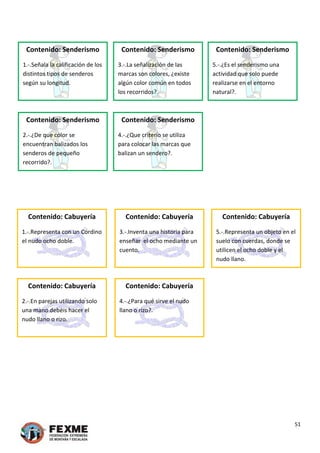  
 
51 
 
 
 
 
 
 
Contenido: Senderismo 
1.‐.Señala la calificación de los 
distintos tipos de senderos 
según su longitud. 
Contenido: Senderismo
3.‐.La señalización de las 
marcas son colores, ¿existe 
algún color común en todos 
los recorridos?. 
Contenido: Senderismo
5.‐.¿Es el senderismo una 
actividad que solo puede 
realizarse en el entorno 
natural?. 
 
 
 
 
 
Contenido: Senderismo 
2.‐.¿De que color se 
encuentran balizados los 
senderos de pequeño 
recorrido?. 
Contenido: Senderismo
4.‐.¿Que criterio se utiliza 
para colocar las marcas que 
balizan un sendero?. 
 
 
 
 
 
 
 
Contenido: Cabuyería
1.‐.Representa con un Cordino 
el nudo ocho doble. 
 
Contenido: Cabuyería
3.‐.Inventa una historia para 
enseñar  el ocho mediante un 
cuento. 
Contenido: Cabuyería
5.‐.Representa un objeto en el 
suelo con cuerdas, donde se 
utilicen el ocho doble y el 
nudo llano. 
 
 
 
 
 
Contenido: Cabuyería
2.‐.En parejas utilizando solo 
una mano debéis hacer el 
nudo llano o rizo. 
 
Contenido: Cabuyería
4.‐.¿Para qué sirve el nudo 
llano o rizo?. 
 
 
 
 
 
 