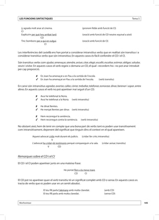 LES FUNCIONS SINTÀCTIQUES                                                                                           Tema 5


   Li agrada molt anar al cinema.                                 (pronom feble amb funció de CI)
   CI
   Explica’m per què heu arribat tard.                            (oració amb funció de CD neutre: equival a això)
   	                 CD
   Tinc bombons per a qui en vulgui.                              (oració amb funció de CI)
   	                      CI


Les interferències del castellà ens han portat a considerar intransitius verbs que en realitat són transitius i a
considerar transitius verbs que són intransitius. En aquests casos és fàcil confondre el CD i el CI.

Són transitius verbs com ajudar, amenaçar, atendre, avisar, citar, elegir, escollir, escoltar, estimar, obligar, saludar,
veure i visitar. En aquests casos el verb regeix o demana un CD, el qual –recordem-ho– no pot anar introduït
per cap preposició.

                   	 En Joan ha amenaçat a en Pau a la sortida de l’escola.
                   	 En Joan ha amenaçat en Pau a la sortida de l’escola.	          (verb transitiu)

En canvi són intransitius agradar, avortar, callar, córrer, treballar, telefonar, esmorzar, dinar, berenar i sopar, entre
altres. En aquests casos el verb no pot aparèixer mai seguit d’un CD.

                   	 Avui he telefonat la Núria.
                   	 Avui he telefonat a la Núria.	   (verb intransitiu)

                   	 He dinat llenties.
                   	 He menjat llenties per dinar.	 (verb intransitiu)

                   	 Hem recorregut la sentència.
                   	 Hem recorregut contra la sentència.	      (verb intransitiu)

No obstant això, hem de tenir en compte que una bona part de verbs tant es poden usar transitivament
com intransitivament, depenent del significat que tinguin dins el context en el qual apareixen.

                Aquest advocat crida molt durant els judicis.	 (cridar: fer crits; intransitiu)
                	                 V
                L’advocat ha cridat els testimonis perquè compareguin a la sala.	 (cridar: avisar; transitiu)
                	              V	         CD



Remarques sobre el CD i el CI

El CD i el CI poden aparèixer junts en una mateixa frase:

                                               He portat flors a la meva mare.
      	                                                  CD	         CI

El CD pot no aparèixer quan el verb transitiu té un significat complet amb CD o sense. En aquests casos es
tracta de verbs que es poden usar en un sentit absolut.

                          El teu fill parla l’alemany amb molta claredat.	                (amb CD)
                          El teu fill parla amb molta claredat.	                          (sense CD)


 Morfosintaxi                                                                                                                 105
 