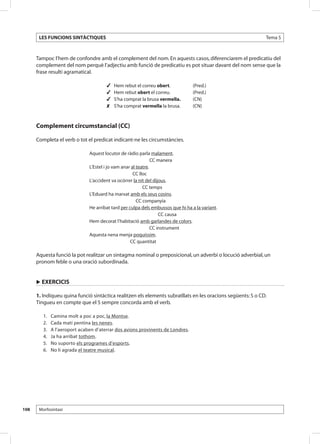 LES FUNCIONS SINTÀCTIQUES                                                                             Tema 5



      Tampoc l’hem de confondre amb el complement del nom. En aquests casos, diferenciarem el predicatiu del
      complement del nom perquè l’adjectiu amb funció de predicatiu es pot situar davant del nom sense que la
      frase resulti agramatical.

                                          	   Hem rebut el correu obert. 	          (Pred.)
                                          	   Hem rebut obert el correu.	           (Pred.)
                                          	   S’ha comprat la brusa vermella.	      (CN)
                                          	   S’ha comprat vermella la brusa.	      (CN)



      Complement circumstancial (CC)

      Completa el verb o tot el predicat indicant-ne les circumstàncies.

                                  Aquest locutor de ràdio parla malament.
                                  	                                CC manera
                                  L’Estel i jo vam anar al teatre.
                                  	                      CC lloc
                                  L’accident va ocórrer la nit del dijous.
                                  	                           CC temps
                                  L’Eduard ha marxat amb els seus cosins.
                                  	                        CC companyia
                                  He arribat tard per culpa dels embussos que hi ha a la variant.
                                  	                                    CC causa
                                  Hem decorat l’habitació amb garlandes de colors.
                                  	                                CC instrument
                                  Aquesta nena menja poquíssim.
                 	                                     CC quantitat

      Aquesta funció la pot realitzar un sintagma nominal o preposicional, un adverbi o locució adverbial, un
      pronom feble o una oració subordinada.


      u EXERCICIS

      1. Indiqueu quina funció sintàctica realitzen els elements subratllats en les oracions següents: S o CD.
      Tingueu en compte que el S sempre concorda amb el verb.

       	   1.	   Camina molt a poc a poc, la Montse.
       	   2.	   Cada matí pentina les nenes.
       	   3.	   A l’aeroport acaben d’aterrar dos avions provinents de Londres.
       	   4.	   Ja ha arribat tothom.
       	   5.	   No suporto els programes d’esports.
       	   6.	   No li agrada el teatre musical.




108    Morfosintaxi
 