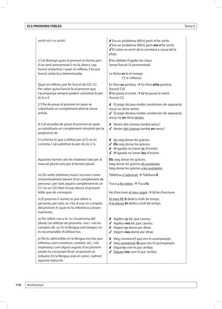 ELS PRONOMS FEBLES                                                                                                Tema 6



             sortir-se’n (≠ sortir)                               Era un problema difícil, però m’he sortit.
                                                                  Era un problema difícil, però me n’he sortit.
                                                                  El cotxe va sortir de la carretera a causa de la
                                                                  pluja.
             i) Cal distingir quan el pronom es forma part        S’ha oblidat d’agafar les claus.
             d’un verb pronominal (i no fa, doncs, cap            Sense funció (V. pronominal)
             funció sintàctica) i quan és reflexiu (i fa una
             funció sintàctica determinada).                      La Núria es fa el menjar.
                                                                  	        CI (V. reflexiu)
             Quan és reflexiu pot fer funció de CD i CI.          En Pere es pentina.  En Pere el/la pentina.
             Per saber quina funció fa el pronom que              (funció CD)
             l’acompanya sempre podem substituir-lo per           S’ha posat el vestit.  Li ha posat el vestit.
             el, la o li.                                         (funció CI)
             j) S’ha de posar el pronom en quan se                	 El jutge dictava moltes sentències de separació;
             substitueix un complement directe sense              ara ja no dicta tantes.
             article.                                             	 El jutge dictava moltes sentències de separació;
                                                                  ara ja no en dicta tantes.
             k) Cal recordar de posar el pronom en quan           	 Venim del cinema; també veniu?
             se substitueix un complement introduït per la        	 Venim del cinema; també en veniu?
             preposició de.
             l) La forma lis que s’utilitza per al CI no és       	 Lis vaig donar les gràcies.
             correcta, i cal substituir-la per els, los o ‘ls.i   	 Els vaig donar les gràcies.	
                                                                  	 M’agrada no haver-lis d’insistir.
                                                                  	 M’agrada no haver-los d’insistir.
             Aquestes formes són les mateixes tant per al         Els vaig donar les gràcies.
             masculí plural com per al femení plural.             Vaig donar les gràcies als assistents.
                                                                  Vaig donar les gràcies a les assistents.
             m) Els verbs telefonar, trucar i escriure s’usen     Telefona a l’advocat.  Telefona-li.
             intransitivament davant d’un complement de
             persona i, per tant, aquest complement és un         Truca a les tietes.  Truca’ls.
             CI i no un CD. Hem d’usar, doncs, el pronom
             feble que els correspon.                             He d’escriure al meu sogre.  Li he d’escriure.
             n) El pronom li només es pot referir a               Al meu fill, li dedico molt de temps.	
             persones, per tant, no s’ha d’usar en comptes        A la dansa, hi dedico molt de temps.
             del pronom hi quan es fa referència a éssers
             inanimats.
             o) Per referir-nos a la 1a i 2a persona del          	 Agafeu-se bé, que caureu.	
             plural, cal utilitzar els pronoms -nos i -vos en     	 Agafeu-vos bé, que caureu.
             comptes de -se. En la llengua oral tampoc no         	 Vegem-se demà per dinar.
             és recomanable d’utilitzar-los.                      	 Vegem-nos demà per dinar.
             p) No és admissible, en la llengua escrita, que      	 Vaig convence’l que ens hi acompanyés.	
             infinitius com convèncer, conèixer, etc., i els      	 Vaig convèncer-lo que ens hi acompanyés.
             imperatius com digues seguits d’un pronom            	 Digue’m com hi puc arribar.
             perdin la consonant final i el pronom es             	 Digues-me com hi puc arribar.
             redueixi. En la llengua oral, en canvi, s’admet
             aquesta reducció.
              	



118   Morfosintaxi
 