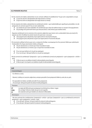 ELS PRONOMS RELATIUS                                                                                               Tema 7



• En les oracions de relatiu substantives no és correcte utilitzar el castellanisme *lo que com a equivalent a el que.
     	Lo que has de fer és desaparèixer del mapa durant un temps.
     	El que has de fer és desaparèixer del mapa durant un temps.

• En les oracions de relatiu substantives la combinació article + que (substituïble per aquell que), precedida o no de
  preposició, és correcta quan hi ha un nom sobreentès.
     	Les sentències que estan traduïdes i les [sentències] que s’han de notificar tenen un senyal a l’encapçalament.
     	Els psicòlegs han parlat del menor que atracava bancs i del [menor] que estafava àvies.

 Aquesta combinació no és correcta en les oracions adjectives que tenen com a antecedent tota una oració. En
 aquest cas, hem d’utilitzar la variant neutra (la qual cosa / cosa que).
   	S’ha apujat el preu del petroli, el que repercutirà en l’economia del país.
   	S’ha apujat el preu del petroli, la qual cosa repercutirà en l’economia del país.

• És incorrecte utilitzar la forma que com a conjunció d’enllaç i acompanyar-la d’un pronom feble que substitueixi
  l’antecedent. És el que anomenem relatiu col·loquial.
     	He pres declaració a un home que li han incendiat el cotxe.
     	He pres declaració a un home a qui / al qual han incendiat el cotxe.

    	És un nen que tothom se’n riu pel seu espinguet.
    	És un nen de qui / del qual tothom es riu pel seu espinguet.

• No és correcta la combinació *preposició + que. La combinació correcta és preposició + què o preposició + article +
  qual.
    	El dia en que es va celebrar el judici la demandada anava beguda.
    	El dia en què / en el qual es va celebrar el judici la demandada anava beguda.



QUÈ
 Característiques
 • Es refereix a coses.

 • Només s’utilitza en oracions adjectives, sempre precedit d’una preposició feble (a, amb, de, en, per).

 • És equivalent al relatiu variable precedit d’una preposició.
 	 cas de què / del qual et parlo ha aixecat molta polseguera.
   El
 Funcions
CP             La còpia del DNI amb què acompanyo la sol·licitud és en blanc i negre.
CAdj.          Ens va llegir l’informe mèdic de què se sent orgullós.
CC             Els materials amb què treballo són altament inflamables.

 Remarques
 • No són correctes les combinacions *preposició + article + què /que, *preposició + que. La combinació correcta és
 preposició + què o preposició + article + qual.
    	El cas del què / del que / de que et parlo ha aixecat molta polseguera.
    	El cas de què / del qual et parlo ha aixecat molta polseguera.




Morfosintaxi                                                                                                                125
 