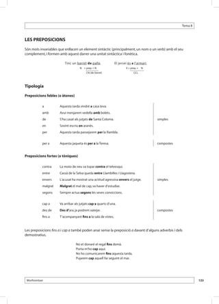 Tema 8



LES PREPOSICIONS
Són mots invariables que enllacen un element sintàctic (principalment, un nom o un verb) amb el seu
complement, i formen amb aquest darrer una unitat sintàctica i fonètica.

      	                  Tinc un barret de palla.	              El jersei és a l’armari.
      	                              N	 + prep. + N	
                                                  	                     V 	 prep. + 	 N
                                                                          +
      	                                   CN (de barret)	                     CCL




Tipologia

Preposicions febles (o àtones)

            a         Aquesta tarda vindré a casa teva.
            amb       Avui menjarem vedella amb bolets.
            de        S’ha casat als jutjats de Santa Coloma.                              simples
            en        Sovint escriu en aranès.
            per       Aquesta tarda passejarem per la Rambla.


            per a     Aquesta jaqueta és per a la Teresa.                                  compostes


Preposicions fortes (o tòniques)

            contra    La moto de neu va topar contra el teleesquí.
            entre     Cassà de la Selva queda entre Llambilles i Llagostera.
            envers    L’acusat ha mostrat una actitud agressiva envers el jutge.           simples
            malgrat   Malgrat el mal de cap, va haver d’estudiar.
            segons    Sempre actua segons les seves conviccions.


            cap a     Va arribar als jutjats cap a quarts d’una.
            des de    Des d’ara, ja podrem xatejar.                                        compostes
            fins a    T’acompanyaré fins a la sala de vistes.


Les preposicions fins a i cap a també poden anar sense la preposició a davant d’alguns adverbis i dels
demostratius.

                                  No et donaré el regal fins demà.
                                  Porta-m’ho cap aquí.
                                  No ho comunicarem fins aquesta tarda.
                                  Pujarem cap aquell far seguint el mar.




 Morfosintaxi                                                                                                   133
 