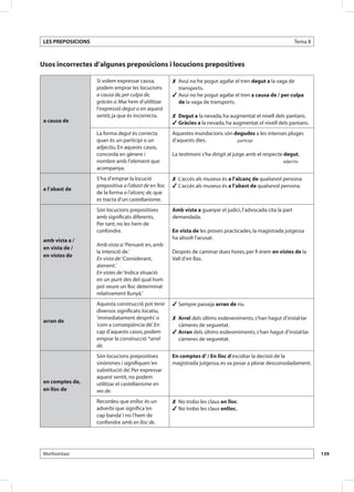 LES PREPOSICIONS                                                                                               Tema 8



Usos incorrectes d’algunes preposicions i locucions prepositives

                   Si volem expressar causa,          	Avui no he pogut agafar el tren degut a la vaga de
                   podem emprar les locucions           transports.
                   a causa de, per culpa de,          	Avui no he pogut agafar el tren a causa de / per culpa
                   gràcies a. Mai hem d’utilitzar       de la vaga de transports.
                   l’expressió degut a en aquest
                   sentit, ja que és incorrecta.      	Degut a la nevada, ha augmentat el nivell dels pantans.
 a causa de                                           	Gràcies a la nevada, ha augmentat el nivell dels pantans.
                   La forma degut és correcta         Aquestes inundacions són degudes a les intenses pluges
                   quan és un participi o un          d’aquests dies. 	         participi
                   adjectiu. En aquests casos,
                   concorda en gènere i               La testimoni s’ha dirigit al jutge amb el respecte degut.
                   nombre amb l’element que           		                                               adjectiu
                   acompanya.
                   S’ha d’emprar la locució           	L’accés als museus és a l’alcanç de qualsevol persona.
                   prepositiva a l’abast de en lloc   	L’accés als museus és a l’abast de qualsevol persona.
 a l’abast de
                   de la forma a l’alcanç de, que
                   es tracta d’un castellanisme.
                   Són locucions prepositives         Amb vista a guanyar el judici, l’advocada cita la part
                   amb significats diferents.         demandada.
                   Per tant, no les hem de
                   confondre.                         En vista de les proves practicades, la magistrada jutgessa
 amb vista a /                                        ha absolt l’acusat.
                   Amb vista a: ‘Pensant en, amb
 en vista de /
                   la intenció de.’                   Després de caminar dues hores, per fi érem en vistes de la
 en vistes de
                   En vista de: ‘Considerant,         Vall d’en Bas.
                   atenent.’
                   En vistes de: ‘Indica situació
                   en un punt des del qual hom
                   pot veure un lloc determinat
                   relativament llunyà.’
                   Aquesta construcció pot tenir      	Sempre passeja arran de riu.
                   diversos significats: locatiu,
                   ‘immediatament després’ o          	Arrel dels últims esdeveniments, s’han hagut d’instal·lar
 arran de
                   ‘com a conseqüència de’. En          càmeres de seguretat.
                   cap d’aquests casos, podem         	Arran dels últims esdeveniments, s’han hagut d’instal·lar
                   emprar la construcció *arrel         càmeres de seguretat.
                   de.
                   Són locucions prepositives         En comptes d’ / En lloc d’escoltar la decisió de la
                   sinònimes i signifiquen ‘en        magistrada jutgessa, es va posar a plorar desconsoladament.
                   substitució de’. Per expressar
                   aquest sentit, no podem
 en comptes de,    utilitzar el castellanisme en
 en lloc de        ves de.
                   Recordeu que enlloc és un          	No trobo les claus en lloc.
                   adverbi que significa ‘en          	No trobo les claus enlloc.
                   cap banda’ i no l’hem de
                   confondre amb en lloc de.




Morfosintaxi                                                                                                            139
 