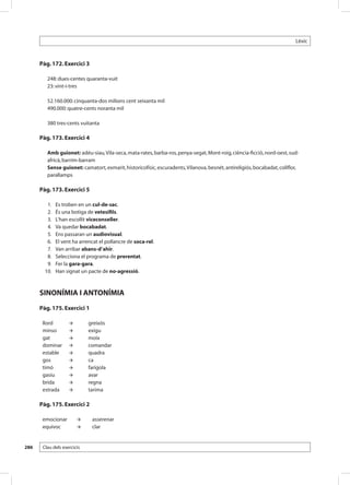 Lèxic



      Pàg. 172. Exercici 3

         248: dues-centes quaranta-vuit
         23: vint-i-tres

         52.160.000: cinquanta-dos milions cent seixanta mil
         490.000: quatre-cents noranta mil

         380 tres-cents vuitanta

      Pàg. 173. Exercici 4

         Amb guionet: adéu-siau, Vila-seca, mata-rates, barba-ros, penya-segat, Mont-roig, ciència-ficció, nord-oest, sud-
         africà, barrim-barram
         Sense guionet: camatort, exmarit, historicofísic, escuradents, Vilanova, besnét, antireligiós, bocabadat, coliflor,
         parallamps

      Pàg. 173. Exercici 5

       	 1. 	    Es troben en un cul-de-sac.
       	 2. 	    És una botiga de vetesifils.
       	 3. 	    L’han escollit viceconseller.
       	 4. 	    Va quedar bocabadat.
       	 5. 	    Ens passaran un audiovisual.
       	 6. 	    El vent ha arrencat el pollancre de soca-rel.
       	 7. 	    Van arribar abans-d’ahir.
       	 8. 	    Selecciona el programa de prerentat.
       	 9. 	    Fer la gara-gara.
       	 10. 	   Han signat un pacte de no-agressió.



      SINONÍMIA I ANTONÍMIA
      Pàg. 175. Exercici 1

       llord                  greixós
       minso                  exigu
       gat                    moix
       dominar                comandar
       estable                quadra
       gos                    ca
       timó                   farigola
       gasiu                  avar
       brida                  regna
       estrada                tarima

      Pàg. 175. Exercici 2

       emocionar                asserenar
       equívoc                  clar


286    Clau dels exercicis
 