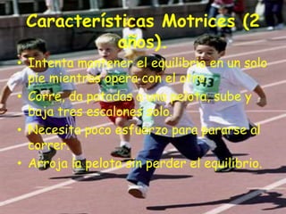 Características Motrices (2 años).Intenta mantener el equilibrio en un solo pie mientras opera con el otro.Corre, da patadas a una pelota, sube y baja tres escalones solo. Necesita poco esfuerzo para pararse al correr.Arroja la pelota sin perder el equilibrio.