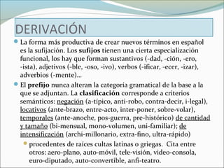 DERIVACIÓN 
La forma más productiva de crear nuevos términos en español 
es la sufijación. Los sufijos tienen una cierta especialización 
funcional, los hay que forman sustantivos (-dad, -ción, -ero, 
-ista), adjetivos (-ble, -oso, -ivo), verbos (-ificar, -ecer, -izar), 
adverbios (-mente)… 
El prefijo nunca alteran la categoría gramatical de la base a la 
que se adjuntan. La clasificación corresponde a criterios 
semánticos: negación (a-típico, anti-robo, contra-decir, i-legal), 
locativos (ante-brazo, entre-acto, inter-poner, sobre-volar), 
temporales (ante-anoche, pos-guerra, pre-histórico) de cantidad 
y tamaño (bi-mensual, mono-volumen, uni-familiar); de 
intensificación (archi-millonario, extra-fino, ultra-rápido) 
procedentes de raíces cultas latinas o griegas. Cita entre 
otros: aero-plano, auto-móvil, tele-visión, video-consola, 
euro-diputado, auto-convertible, anfi-teatro. 
 