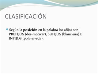 CLASIFICACIÓN 
Según la posición en la palabra los afijos son: 
PREFIJOS (des-motivar), SUFIJOS (blanc-ura) E 
INFIJOS (polv-ar-eda). 
 