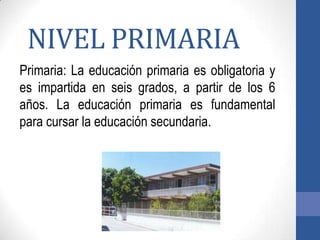 NIVEL PRIMARIA
Primaria: La educación primaria es obligatoria y
es impartida en seis grados, a partir de los 6
años. La educación primaria es fundamental
para cursar la educación secundaria.
 