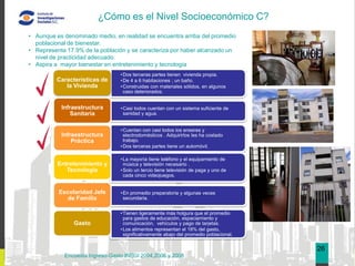 ¿Cómo es el Nivel Socioeconómico C?
• Aunque es denominado medio, en realidad se encuentra arriba del promedio
  poblacional de bienestar.
• Representa 17.9% de la población y se caracteriza por haber alcanzado un
  nivel de practicidad adecuado.
• Aspira a mayor bienestar en entretenimiento y tecnología
                                                                                             03
                                 • Dos terceras partes tienen vivienda propia.
          Características de     • De 4 a 6 habitaciones ; un baño.
             la Vivienda         • Construidas con materiales sólidos, en algunos
                                   caso deteriorados.


           Infraestructura       • Casi todos cuentan con un sistema suficiente de
               Sanitaria           sanidad y agua.


                                 • Cuentan con casi todos los enseres y
           Infraestructura         electrodomésticos . Adquirirlos les ha costado
               Práctica            trabajo.
                                 • Dos terceras partes tiene un automóvil.

                                 • La mayoría tiene teléfono y el equipamiento de
          Entretenimiento y        música y televisión necesario .
             Tecnología          • Solo un tercio tiene televisión de paga y uno de
                                   cada cinco videojuegos.


          Escolaridad Jefe       • En promedio preparatoria y algunas veces
             de Familia            secundaria.


                                 • Tienen ligeramente más holgura que el promedio
                                   para gastos de educación, espaciamiento y
                Gasto              comunicación, vehículos y pago de tarjetas.
                                 • Los alimentos representan el 18% del gasto,
                                   significativamente abajo del promedio poblacional.


                                                                                        26
            Encuesta Ingreso-Gasto INEGI 2004,2006 y 2008
 