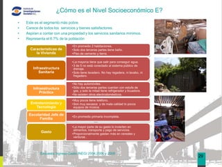 ¿Cómo es el Nivel Socioeconómico E?
•   Este es el segmento más pobre.
•   Carece de todos los servicios y bienes satisfactores.
•   Aspiran a contar con una propiedad y los servicios sanitarios mínimos.
•   Representa el 6.7% de la población
                               • En promedio 2 habitaciones.
                                                                                             03
                                                                                             05
      Características de       • Solo dos terceras partes tiene baño.
         la Vivienda           • Piso de cemento y tierra.

                               • La mayoría tiene que salir para conseguir agua.
                               • 3 de 5 no está conectado al sistema público de
        Infraestructura          drenaje.
           Sanitaria           • Solo tiene lavadero. No hay regadera, ni lavabo, ni
                                 fregadero.

                               • No hay automóviles.
        Infraestructura        • Sólo dos terceras partes cuentan con estufa de
                                 gas, y solo la mitad tiene refrigerador y licuadora.
            Práctica
                               • No existen otros electrodomésticos.
                               • Muy pocos tiene teléfono.
      Entretenimiento y        • Son muy escasos y de mala calidad lo pocos
         Tecnología              equipos de música.

     Escolaridad Jefe de       • En promedio primaria incompleta.
           Familia

                               • La mayor parte de su gasto lo invierten en
                                 alimentos, transporte y pago de servicios.
             Gasto             • Proporcionalmente gastan más en cereales y
                                 verduras .




            Encuesta Ingreso-Gasto INEGI 2004,2006 y 2008
                                                                                        29
 