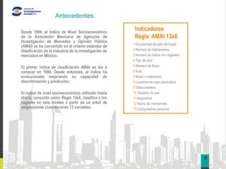 Antecedentes

Desde 1994, el índice de Nivel Socioeconómico
                                                        Indicadores
de la Asociación Mexicana de Agencias de                Regla AMAI 13x6
Investigación de Mercados y Opinión Pública                                                   03
                                                       1 Escolaridad del jefe del hogar
(AMAI) se ha convertido en el criterio estándar de
clasificación de la industria de la investigación de   2 Número de habitaciones
mercados en México.                                    3 Número de baños con regadera
                                                       4 Tipo de piso
El primer índice de clasificación AMAI se dio a        5 Número de focos
conocer en 1994. Desde entonces, el índice ha          6 Auto
evolucionado mejorando su capacidad de                 7 Boiler o calentador
discriminación y predicción.                           8 Lavadora de ropa automática
                                                       9 Videocasetera
El índice de nivel socioeconómico utilizado hasta      10 Tostador de pan
ahora, conocido como Regla 13x6, clasifica a los       11 Aspiradora
hogares en seis niveles a partir de un árbol de        12 Horno de microondas
asignaciones considerando 13 variables:                13 Computadora personal.




                                                                                          8
 