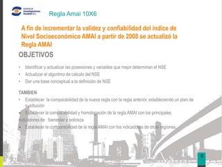 Regla Amai 10X6

    A fin de incrementar la validez y confiabilidad del índice de
    Nivel Socioeconómico AMAI a partir de 2008 se actualizó la
    Regla AMAI                                                                                         05
OBJETIVOS
•    Identificar y actualizar las posesiones y variables que mejor determinan el NSE
•    Actualizar el algoritmo de calculo del NSE
•    Dar una base conceptual a la definición de NSE

TAMBIEN
• Establecer la comparabilidad de la nueva regla con la regla anterior, estableciendo un plan de
    sustitución
    Establecer la comparabilidad y homologación de la regla AMAI con los principales
indicadores de bienestar y pobreza
    Establecer la comparabilidad de la regla AMAI con los indicadores de otras regiones.




                                                                                                   9
 