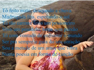 Tô feito mato, desejando a chuva
Madrugada fria, esperando o sol
Tô tão carente feito um prisioneiro
Vivo um pesadelo, beijo sem paixão
Tô com vontade de enfrentar o mundo
Ser pra sempre o guia do seu coração
Sou a metade de um amor que vibra
Numa poesia em forma de canção
 