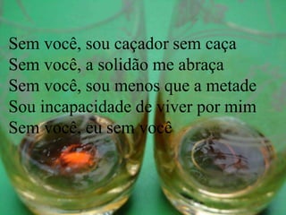 Sem você, sou caçador sem caça
Sem você, a solidão me abraça
Sem você, sou menos que a metade
Sou incapacidade de viver por mim
Sem você, eu sem você
 