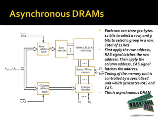    Each row can store 512 bytes.
                   RAS                                              12 bits to select a row, and 9
                                                                    bits to select a group in a row.
                         Row                                        Total of 21 bits.
                          address    Row      4096× ( 512× 8)
                                    decoder      cell array     • First apply the row address,
                           latch
                                                                    RAS signal latches the row
                                                                    address. Then apply the
                                                                    column address, CAS signal
A20 ­ 9 ⁄ A8 ­ 0                              Sense / Write     CS latches the address.
                                                  circuits
                                                                R /WTiming of the memory unit is
                                                                •
                                                                    controlled by a specialized
                                                                    unit which generates RAS and
                         Column
                         address                  Column
                                                  decoder           CAS.
                          latch                                 • This is asynchronous DRAM

                   CAS                          D7      D0
 