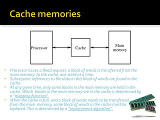 Main
              Processor               Cache                memory



• Processor issues a Read request, a block of words is transferred from the
  main memory to the cache, one word at a time.
• Subsequent references to the data in this block of words are found in the
  cache.
• At any given time, only some blocks in the main memory are held in the
  cache. Which blocks in the main memory are in the cache is determined by
  a “mapping function”.
• When the cache is full, and a block of words needs to be transferred
  from the main memory, some block of words in the cache must be
  replaced. This is determined by a “replacement algorithm”.
 
