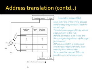 Virtual address from processor


                                       Virtual page number   Offset       Associative-mapped TLB
                                                                      High-order bits of the virtual address
                                                                      generated by the processor select the
                                 TLB
                                                                      virtual page.
                  Virtual page      Control     Page frame
                    number           bits       in memory             These bits are compared to the virtual
                                                                      page numbers in the TLB.
                                                                      If there is a match, a hit occurs and
                                                                      the corresponding address of the page
  No                                                                  frame is read.
             =?
                                                                      If there is no match, a miss occurs
       Yes
                                                                      and the page table within the main
Miss
                                                                      memory must be consulted.
         Hit                                                          Set-associative mapped TLBs are
                                                                      found in commercial processors.
                                                Page frame   Offset

                          Physical address in main memory



                         60
 