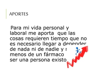 APORTES
Para mi vida personal y
laboral me aporta que las
cosas requieren tiempo que no
es necesario llegar a depender
de nada ni de nadie y mucho
menos de un fármaco para
ser una persona existosa.
 