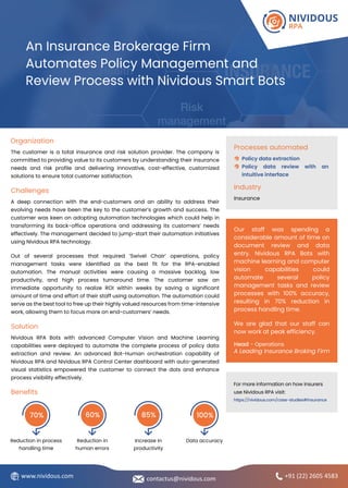 An Insurance Brokerage Firm
Automates Policy Management and
Review Process with Nividous Smart Bots
Processes automated
Policy data extraction
Policy data review with an
intuitive interface
Industry
Insurance
Our staff was spending a
considerable amount of time on
document review and data
entry. Nividous RPA Bots with
machine learning and computer
vision capabilities could
automate several policy
management tasks and review
processes with 100% accuracy,
resulting in 70% reduction in
process handling time.
We are glad that our staff can
now work at peak efficiency.
Head - Operations
A Leading Insurance Broking Firm
Organization
The customer is a total insurance and risk solution provider. The company is
committed to providing value to its customers by understanding their insurance
needs and risk profile and delivering innovative, cost-effective, customized
solutions to ensure total customer satisfaction.
Challenges
A deep connection with the end-customers and an ability to address their
evolving needs have been the key to the customer’s growth and success. The
customer was keen on adopting automation technologies which could help in
transforming its back-office operations and addressing its customers’ needs
effectively. The management decided to jump-start their automation initiatives
using Nividous RPA technology.
Out of several processes that required ‘Swivel Chair’ operations, policy
management tasks were identified as the best fit for the RPA-enabled
automation. The manual activities were causing a massive backlog, low
productivity, and high process turnaround time. The customer saw an
immediate opportunity to realize ROI within weeks by saving a significant
amount of time and effort of their staff using automation. The automation could
serve as the best tool to free up their highly valued resources from time-intensive
work, allowing them to focus more on end-customers’ needs.
Solution
Nividous RPA Bots with advanced Computer Vision and Machine Learning
capabilities were deployed to automate the complete process of policy data
extraction and review. An advanced Bot-Human orchestration capability of
Nividous RPA and Nividous RPA Control Center dashboard with auto-generated
visual statistics empowered the customer to connect the dots and enhance
process visibility effectively.
Benefits
Reduction in process
handling time
70%
Reduction in
human errors
60%
Increase in
productivity
85%
Data accuracy
100%
+91 (22) 2605 4583contactus@nividous.comwww.nividous.com
For more information on how insurers
use Nividous RPA visit:
https://nividous.com/case-studies#insurance
 