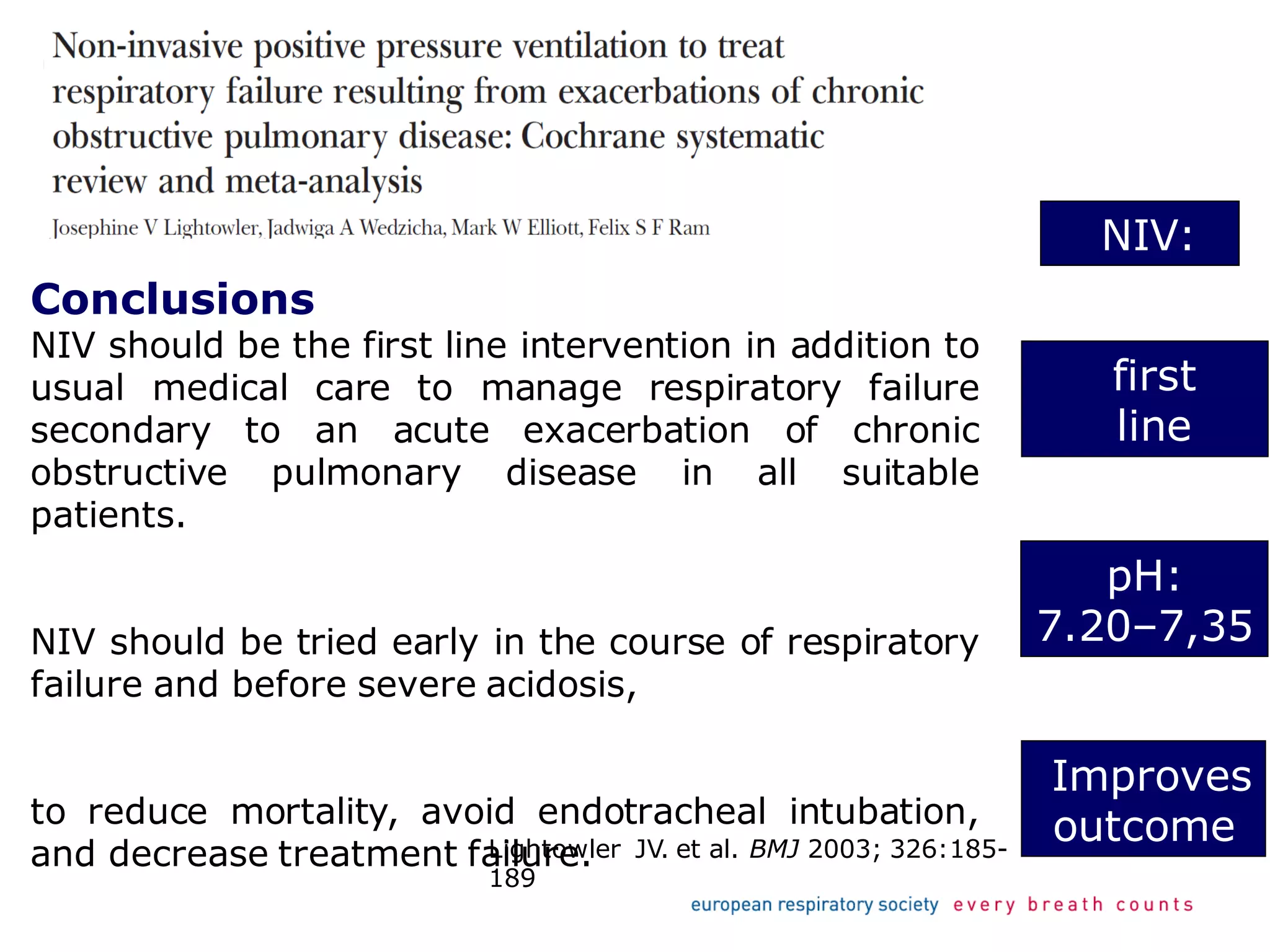 Lightowler JV. et al. BMJ 2003; 326:185-
189
Conclusions
NIV should be the first line intervention in addition to
usual medical care to manage respiratory failure
secondary to an acute exacerbation of chronic
obstructive pulmonary disease in all suitable
patients.
NIV should be tried early in the course of respiratory
failure and before severe acidosis,
to reduce mortality, avoid endotracheal intubation,
and decrease treatment failure.
first
line
pH:
7.20–7,35
Improves
outcome
NIV:
 