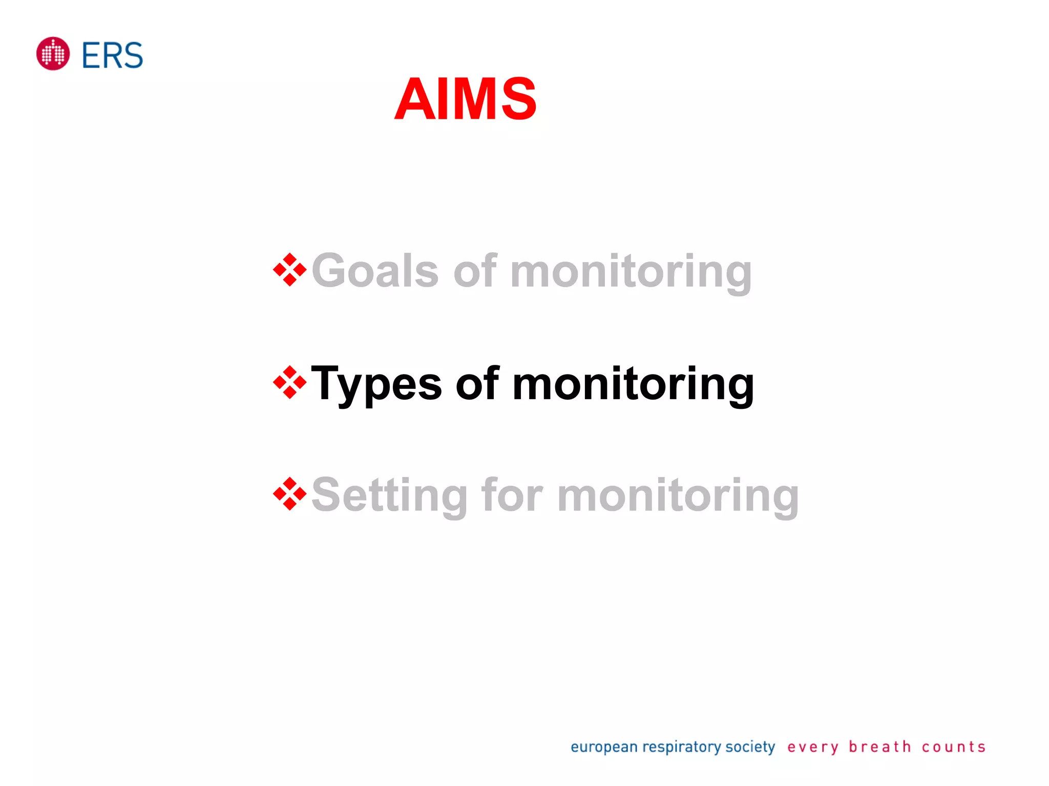 AIMS
Goals of monitoring
Types of monitoring
Setting for monitoring
 
