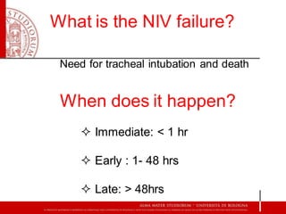What is the NIV failure?
Need for tracheal intubation and death
When does it happen?
 Immediate: < 1 hr
 Early : 1- 48 hrs
 Late: > 48hrs
 