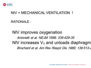 NIV = MECHANICAL VENTILATION !
RATIONALE :
NIV improves oxygenation
Antonelli et al. NEJM 1998; 339:429-35
NIV increases VT and unloads diaphragm
Brochard et al. Am Rev Respir Dis 1989; 139:513-2
 