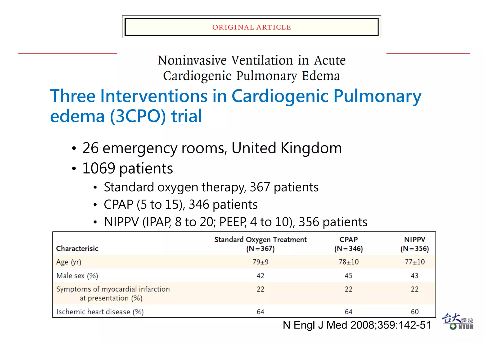 Three Interventions in Cardiogenic Pulmonary
edema (3CPO) trial
• 26 emergency rooms, United Kingdom
• 1069 patients
• Standard oxygen therapy, 367 patients
• CPAP (5 to 15), 346 patients
• NIPPV (IPAP, 8 to 20; PEEP, 4 to 10), 356 patients
N Engl J Med 2008;359:142-51
 