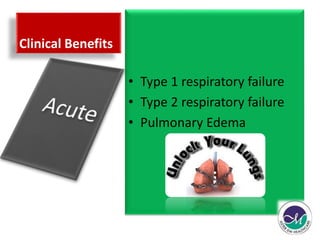 Clinical Benefits 
• Type 1 respiratory failure 
• Type 2 respiratory failure 
• Pulmonary Edema 
 