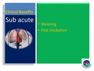 Clinical Benefits 
• Weaning 
• Post intubation 
Sub acute 
 