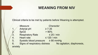 WEANING FROM NIV
Clinical criteria to be met by patients before Weaning is attempted.
Measure Character
1. Arterial pH ≥ 7.35
2. SpO2 > 90%
3. Respiratory Rate ≤ 25 / min
4. Heart rate ≤ 120 / min
5. Systolic blood pressure ≥ 90 mmHg
6. Signs of respiratory distress No agitation, diaphoresis,
anxiety
 