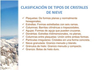 CLASIFICACIÓN DE TIPOS DE CRISTALES DE NIEVEPlaquetas: De formas planas y normalmente hexagonales.