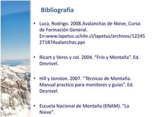 Metamorfismo de la nieveMetamorfismo Seco:Generado por movimiento de vapor de agua en los porosMovimiento de vapor es generado por gradiente de presión, controlado por:temperatura: presión de vapor de saturación depende de la temperatura; áreas más calientes pueden tener mayor vapor que áreas fríasradio de curvatura: como la curvatura es una parte particular del grano de nieve; si incrementa el radio de curvatura, incrementa densidad de vaporTamaño de grano: decrece tamaño de grano, incrementa radio de curvatura, incrementa densidad de vapor