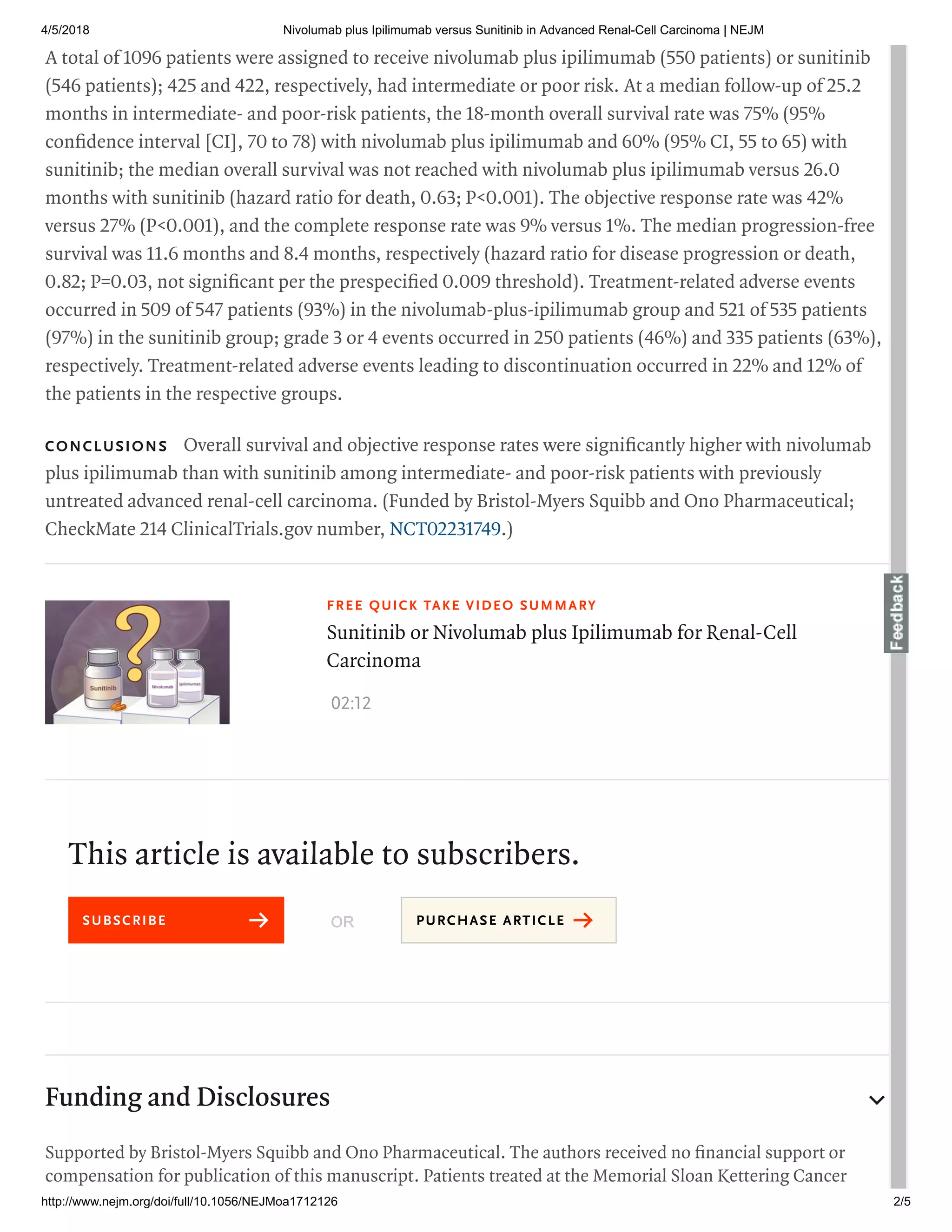 Nivolumab plus ipilimumab versus sunitinib in advanced renal cell ...