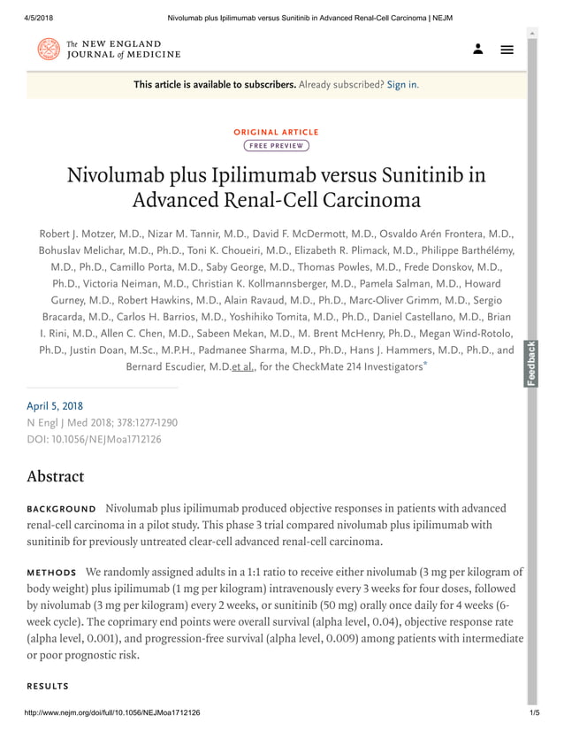 Nivolumab plus ipilimumab versus sunitinib in advanced renal cell ...