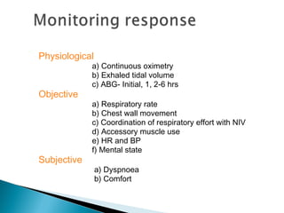 Physiological
a) Continuous oximetry
b) Exhaled tidal volume
c) ABG- Initial, 1, 2-6 hrs
Objective
a) Respiratory rate
b) Chest wall movement
c) Coordination of respiratory effort with NIV
d) Accessory muscle use
e) HR and BP
f) Mental state
Subjective
a) Dyspnoea
b) Comfort
 