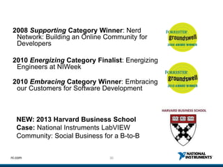2008 Supporting Category Winner: Nerd
  Network: Building an Online Community for
  Developers

 2010 Energizing Category Finalist: Energizing
  Engineers at NIWeek

 2010 Embracing Category Winner: Embracing
  our Customers for Software Development



   NEW: 2013 Harvard Business School
   Case: National Instruments LabVIEW
   Community: Social Business for a B-to-B


ni.com                          30
 