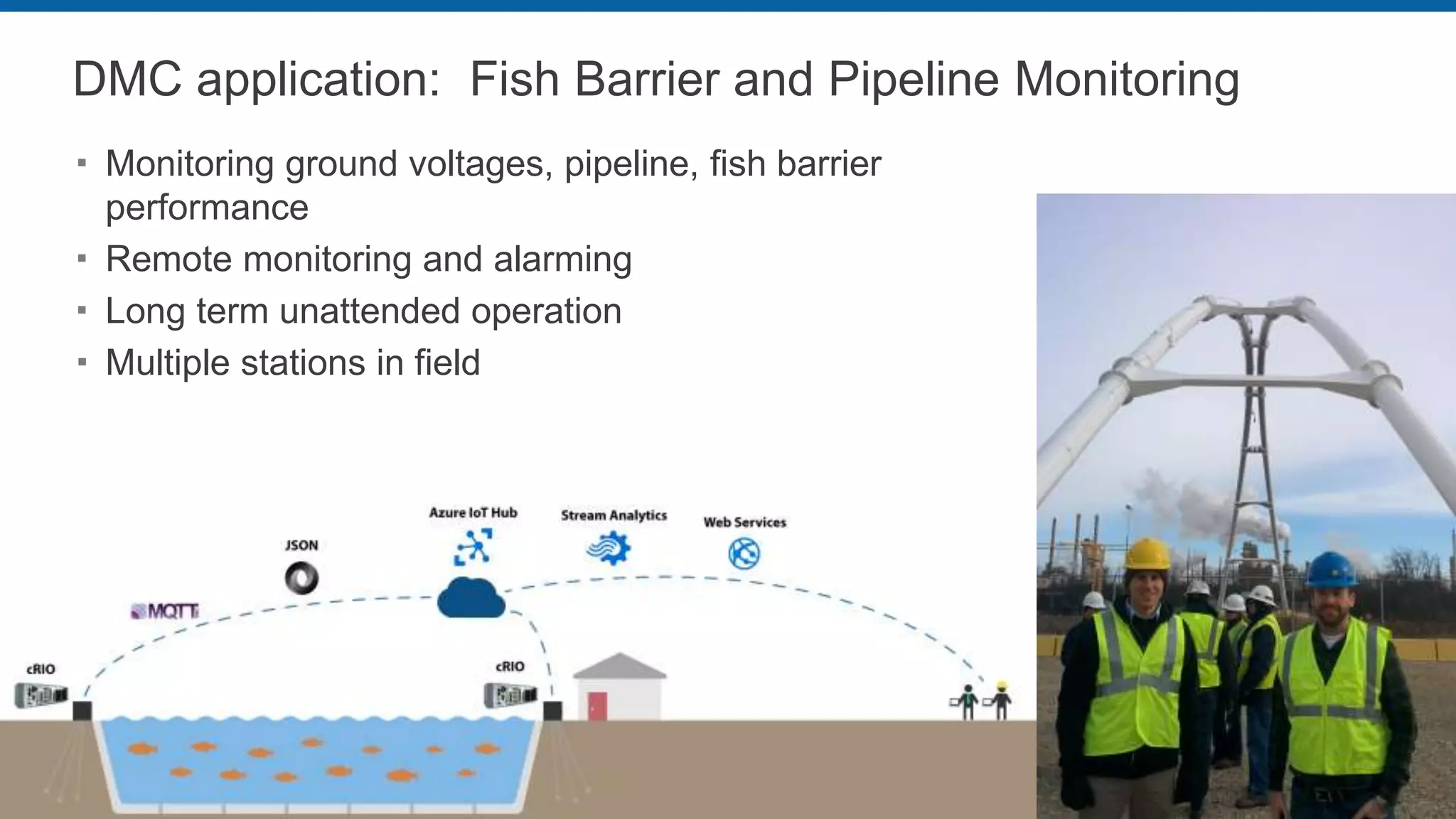 DMC application: Fish Barrier and Pipeline Monitoring
 Monitoring ground voltages, pipeline, fish barrier
performance
 Remote monitoring and alarming
 Long term unattended operation
 Multiple stations in field
 