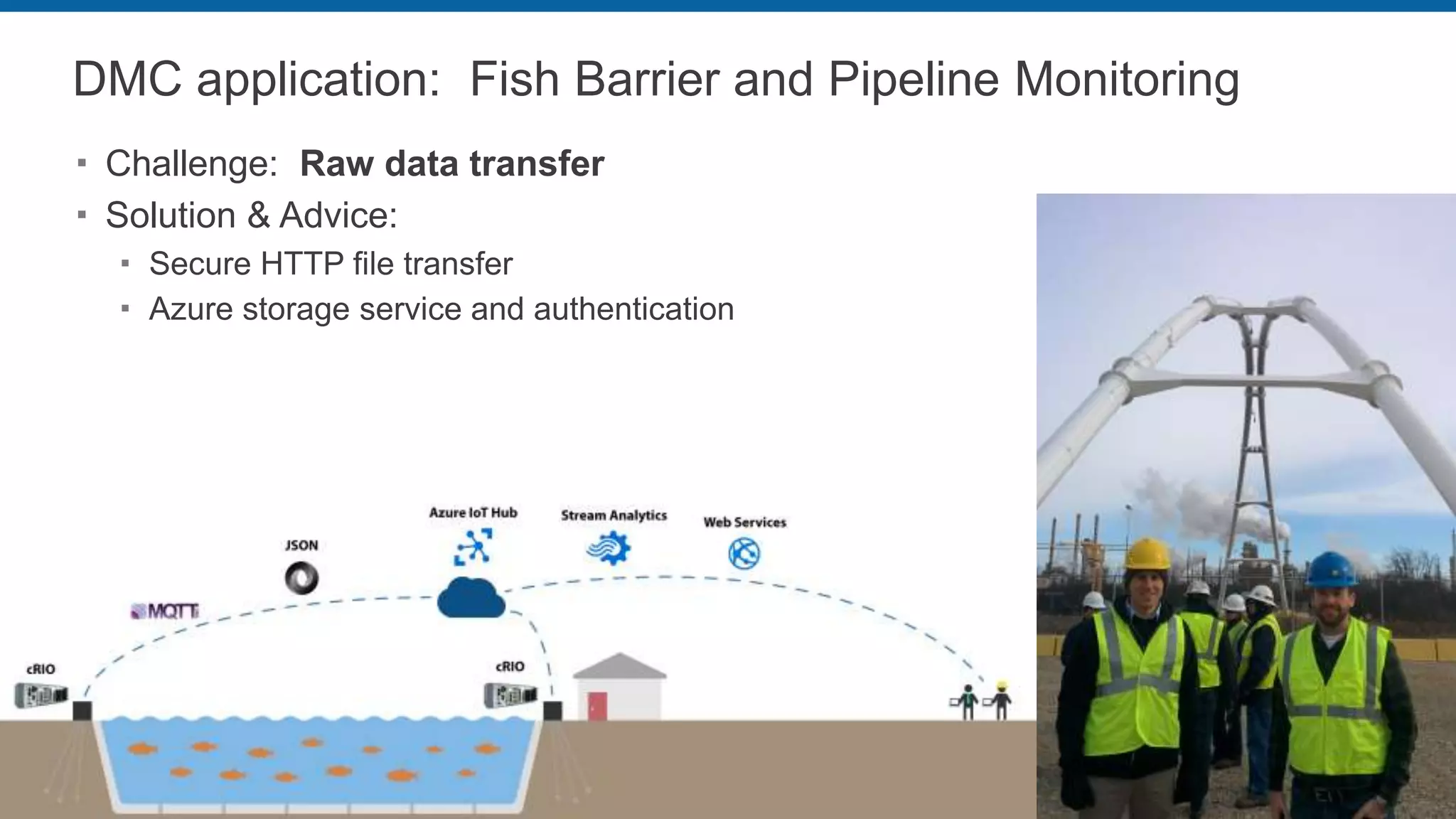 DMC application: Fish Barrier and Pipeline Monitoring
 Challenge: Raw data transfer
 Solution & Advice:
 Secure HTTP file transfer
 Azure storage service and authentication
 