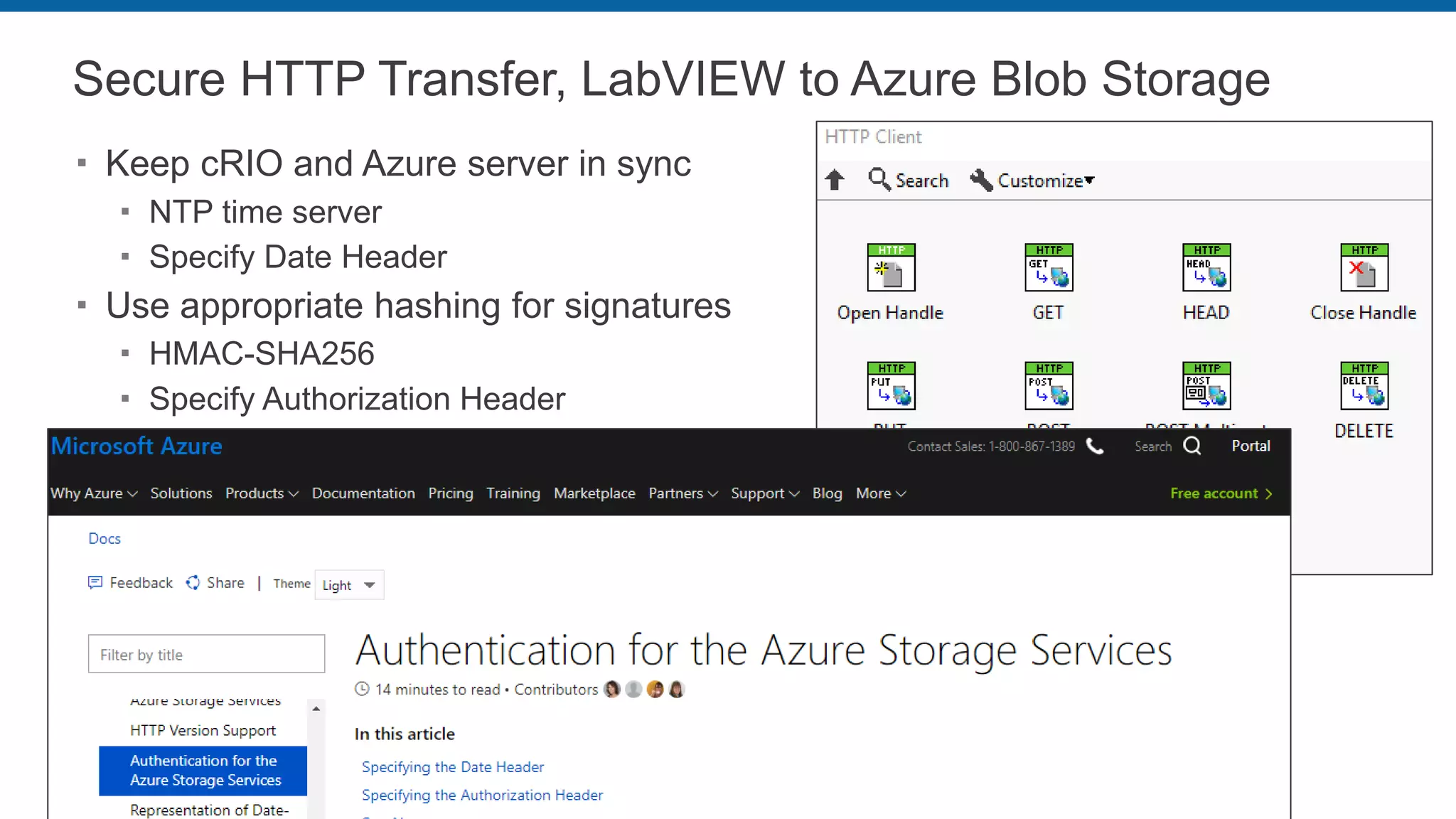 Secure HTTP Transfer, LabVIEW to Azure Blob Storage
 Keep cRIO and Azure server in sync
 NTP time server
 Specify Date Header
 Use appropriate hashing for signatures
 HMAC-SHA256
 Specify Authorization Header
 