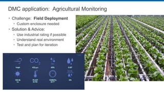 DMC application: Agricultural Monitoring
 Challenge: Field Deployment
 Custom enclosure needed
 Solution & Advice:
 Use industrial rating if possible
 Understand real environment
 Test and plan for iteration
 
