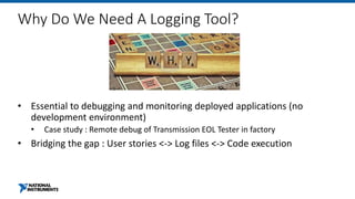 Why Do We Need A Logging Tool?
• Essential to debugging and monitoring deployed applications (no
development environment)
• Case study : Remote debug of Transmission EOL Tester in factory
• Bridging the gap : User stories <-> Log files <-> Code execution
 