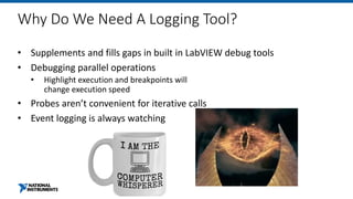 Why Do We Need A Logging Tool?
• Supplements and fills gaps in built in LabVIEW debug tools
• Debugging parallel operations
• Highlight execution and breakpoints will
change execution speed
• Probes aren’t convenient for iterative calls
• Event logging is always watching
 