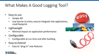 What Makes A Good Logging Tool?
• Easy to use
• Simple API
• Low barrier to entry, easy to integrate into applications,
small footprint
• Lightweight
• Minimal impact on application performance
• Configurable
• Configurable at run time and after building
• Easy to Extend
• Easy to “plug in” new features
 