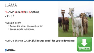 LLAMA
• LLAMA Logs AlMost Anything
_(ツ)_/¯
• Design Intent
• Pursue the ideals discussed earlier
• Keep a simple task simple
• DMC is sharing LLAMA (full source code) for you to download
 