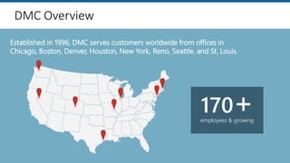 Established in 1996, DMC serves customers worldwide from offices in
Chicago, Boston, Denver, Houston, New York, Reno, Seattle, and St. Louis.
employees & growing
170+
DMC Overview
 