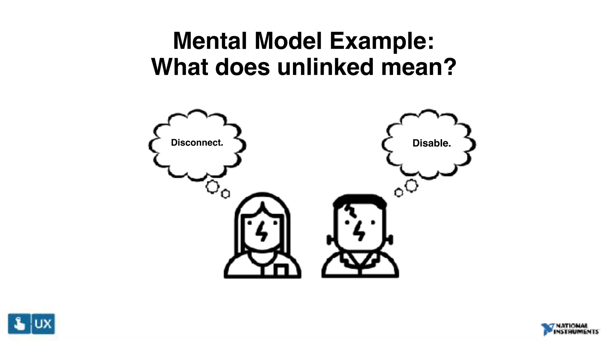 Mental Model Example:
What does unlinked mean?
Disconnect. Disable.
 