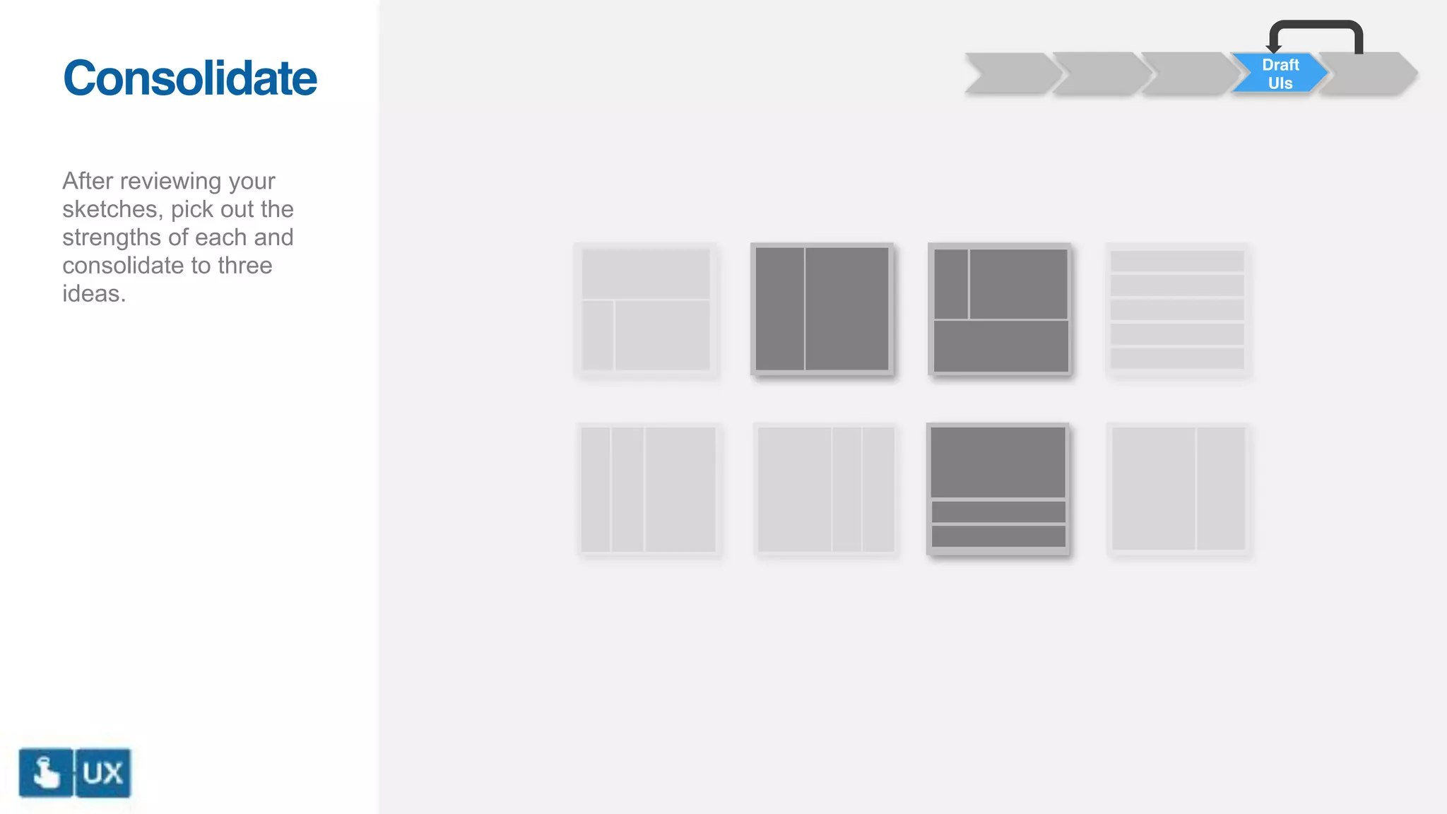 Draft
UIsConsolidate
After reviewing your
sketches, pick out the
strengths of each and
consolidate to three
ideas.
 