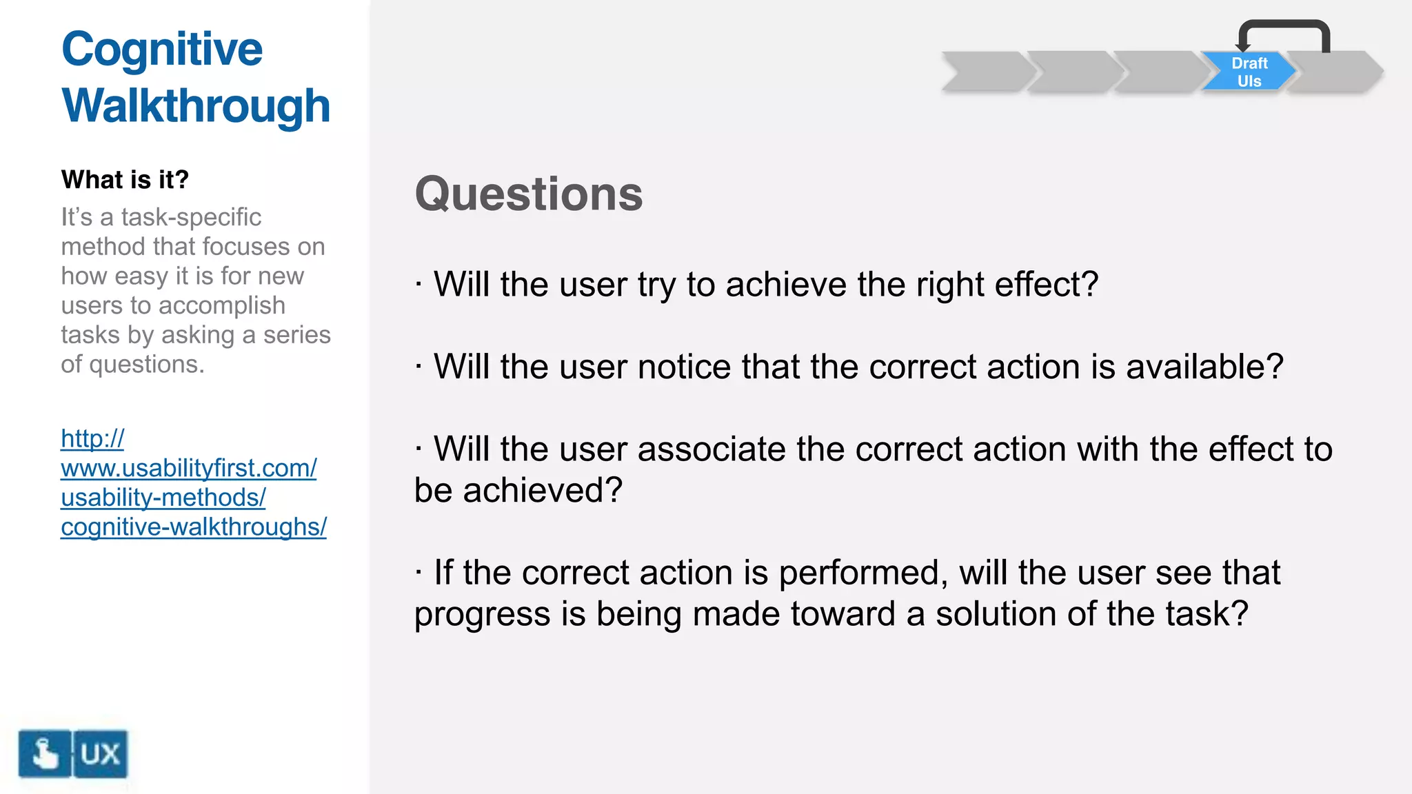Draft
UIs
Cognitive
Walkthrough
Questions
· Will the user try to achieve the right effect?
· Will the user notice that the correct action is available?
· Will the user associate the correct action with the effect to
be achieved?
· If the correct action is performed, will the user see that
progress is being made toward a solution of the task?
What is it?
It’s a task-specific
method that focuses on
how easy it is for new
users to accomplish
tasks by asking a series
of questions.
http://
www.usabilityfirst.com/
usability-methods/
cognitive-walkthroughs/
 